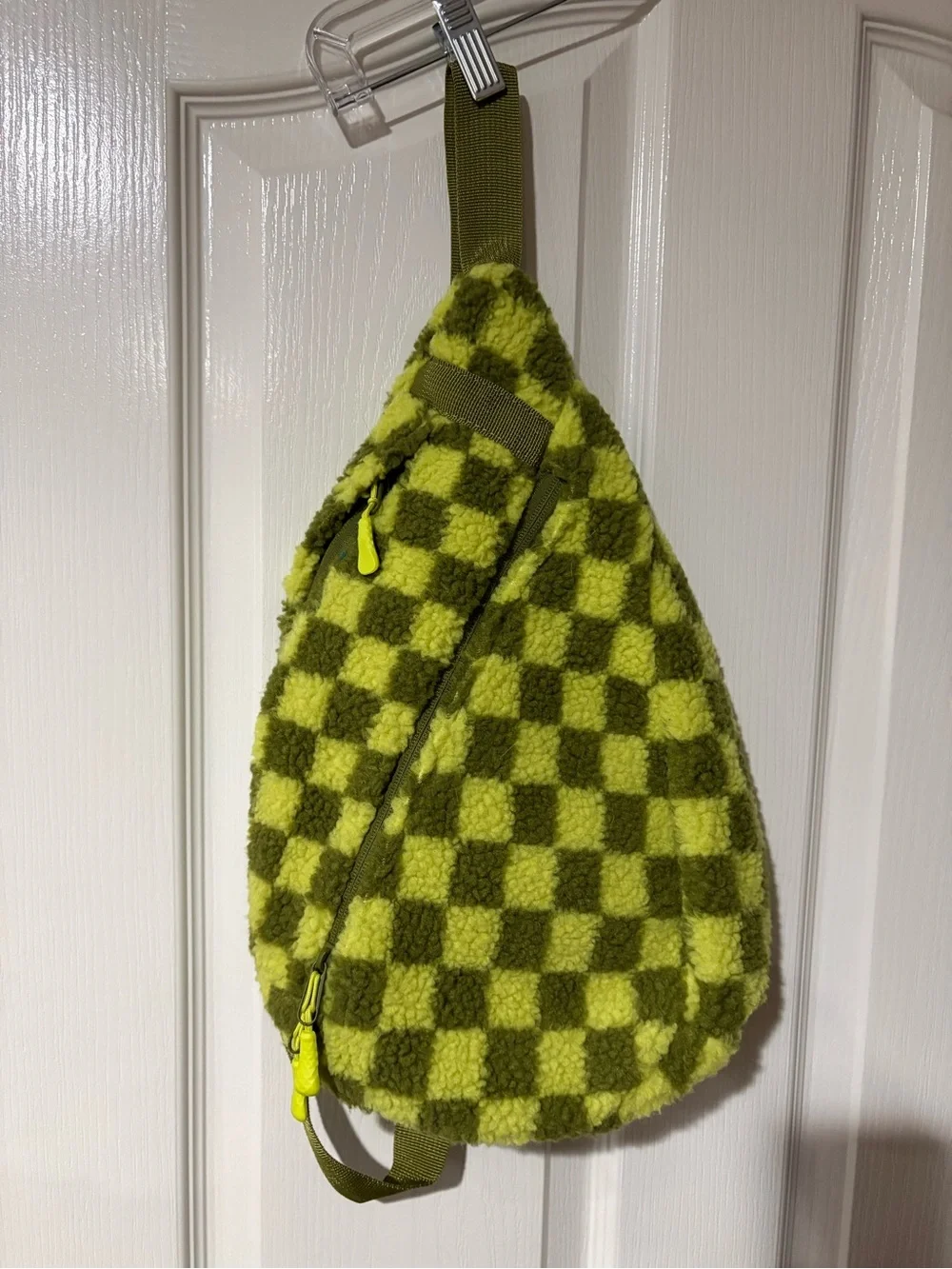Checkerboard Olive Green Sherpa Crossbody Sling Bag